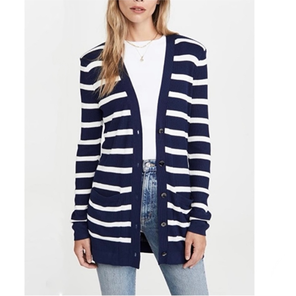 L'AGENCE Corin Blue White Striped Long Cardigan Sweater V-Neck Women’s Small